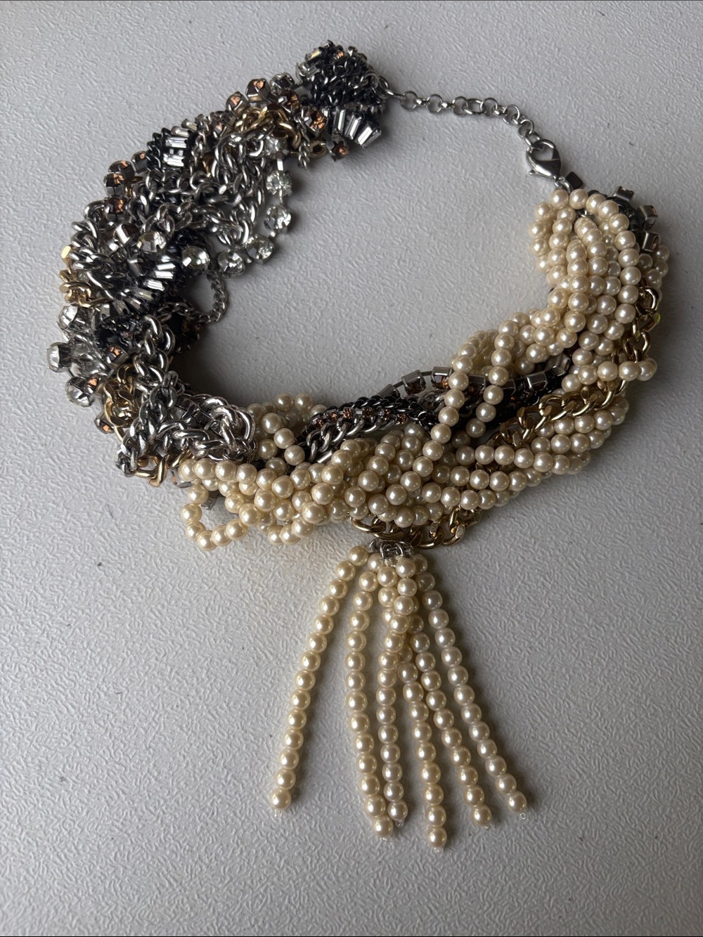 Multi-Strand Pearl and Mixed Metal Tassel Necklace - Cream